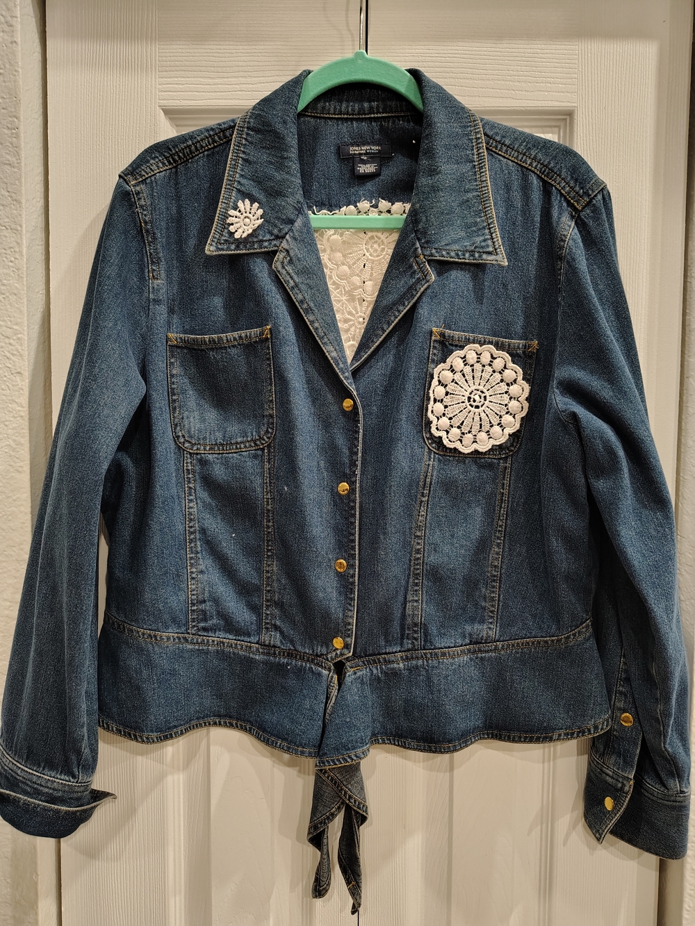 Denim Button-Front Jacket with Crochet Appliqué